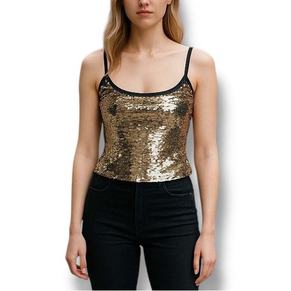 Silver Black Metallic Sequin Spaghetti Strap Statement Glam Cocktail Party Top